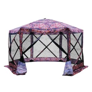 12 ft. x 12 ft. 6-Sided Hexagon Hub Gazebo Screen Tent with Mesh Netting Walls and Shaded Interior, Flower Pattern