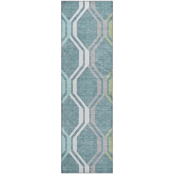 Mayfield Premium Machine Washable Abstract AMF2326 Teal 2 ft. x 7 ft. Runner Rug