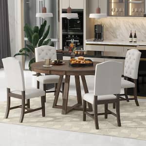 Retro 5-Piece Walnut Round Wood Dining Set with a 16 in. W Leaf and 4-Botton Tufted Upholstered Chairs