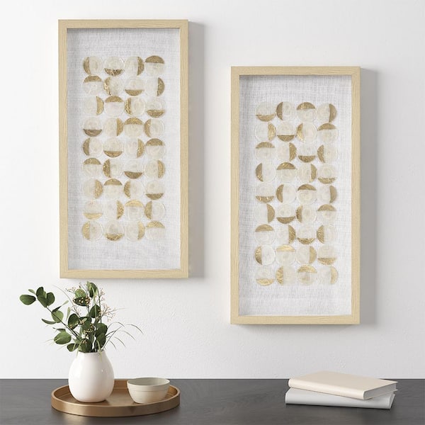 Unbranded Elegant Natural Capiz with Gold Foil 2-Piece Framed Shadowbox Wall Art Print Decor Set 24 in. x 12 in.