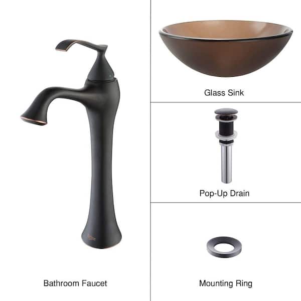 KRAUS Frosted Glass Vessel Sink in Brown with Ventus Faucet in Oil Rubbed Bronze