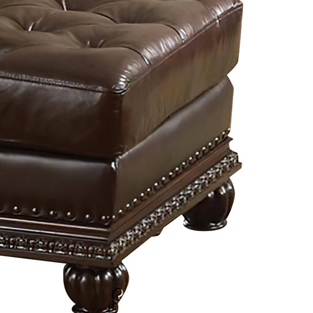 Espresso Brown Faux Leather Tufted Ottoman with Nailhead Trim