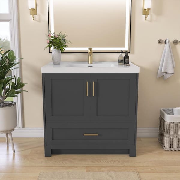 Getpro 36 in. W x 22 in. D x 33.5 in. H Freestanding Charcoal Gray Bath Vanity with White Single Sink Top Solid Wood Cabinet