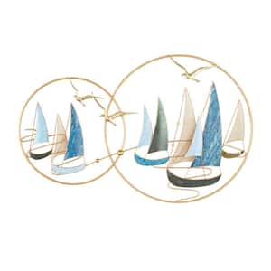 Metal Blue Sail Boat Wall Decor with Gold Circle Frames and Shimmer Details