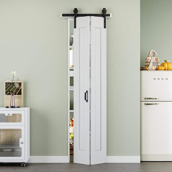 ARK DESIGN 24 in. x 84 in. Paneled 1-Lite White Primed MDF Composite Bi-fold Sliding Barn Door with Hardware Kit and Handle