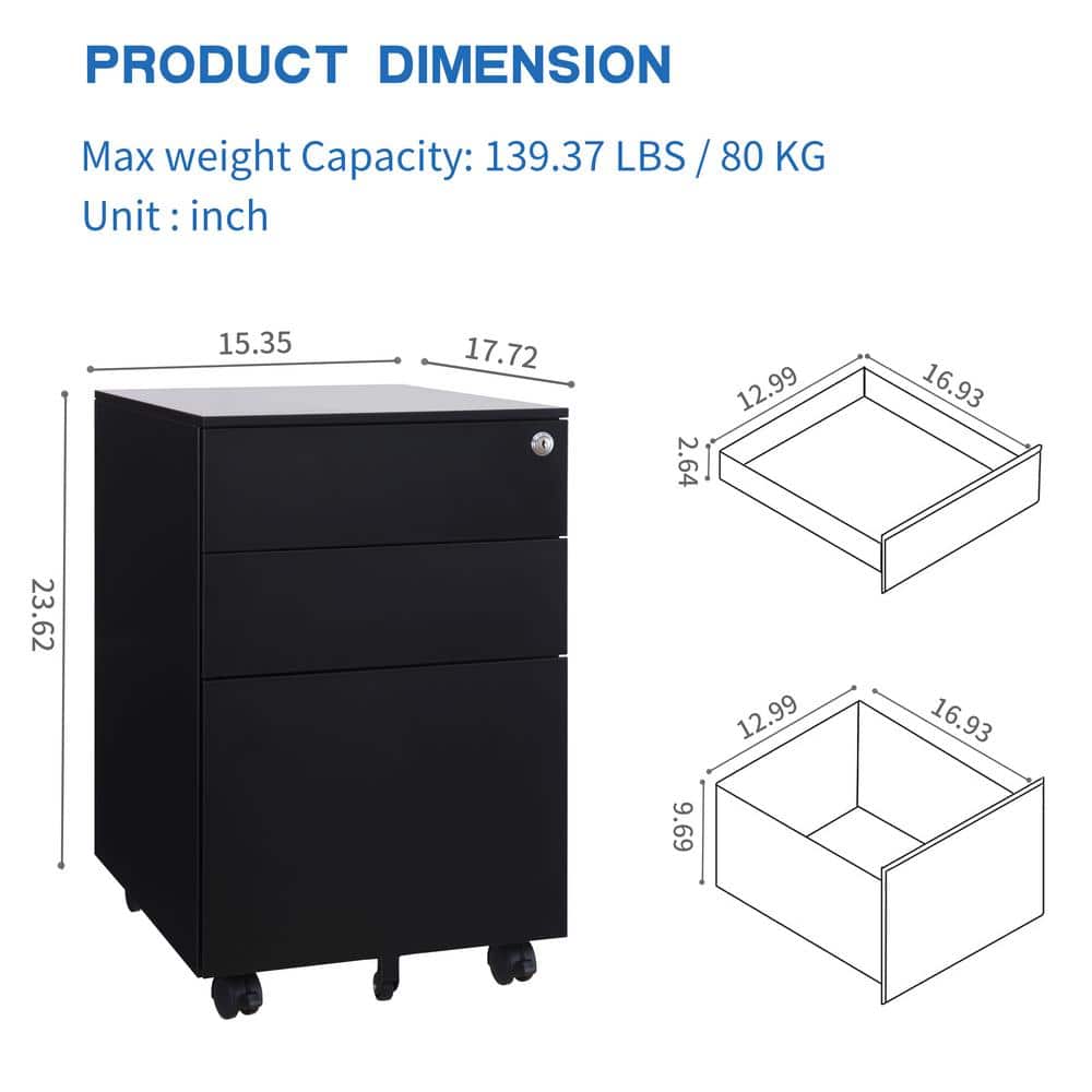 Black Mobile 3-Drawer Lockable Metal Filing Cabinet