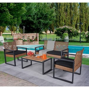 Outdoor 4-Piece Brown Wicker Patio Furniture Conversation Set with Acacia Wood Table Top and Black Cushion