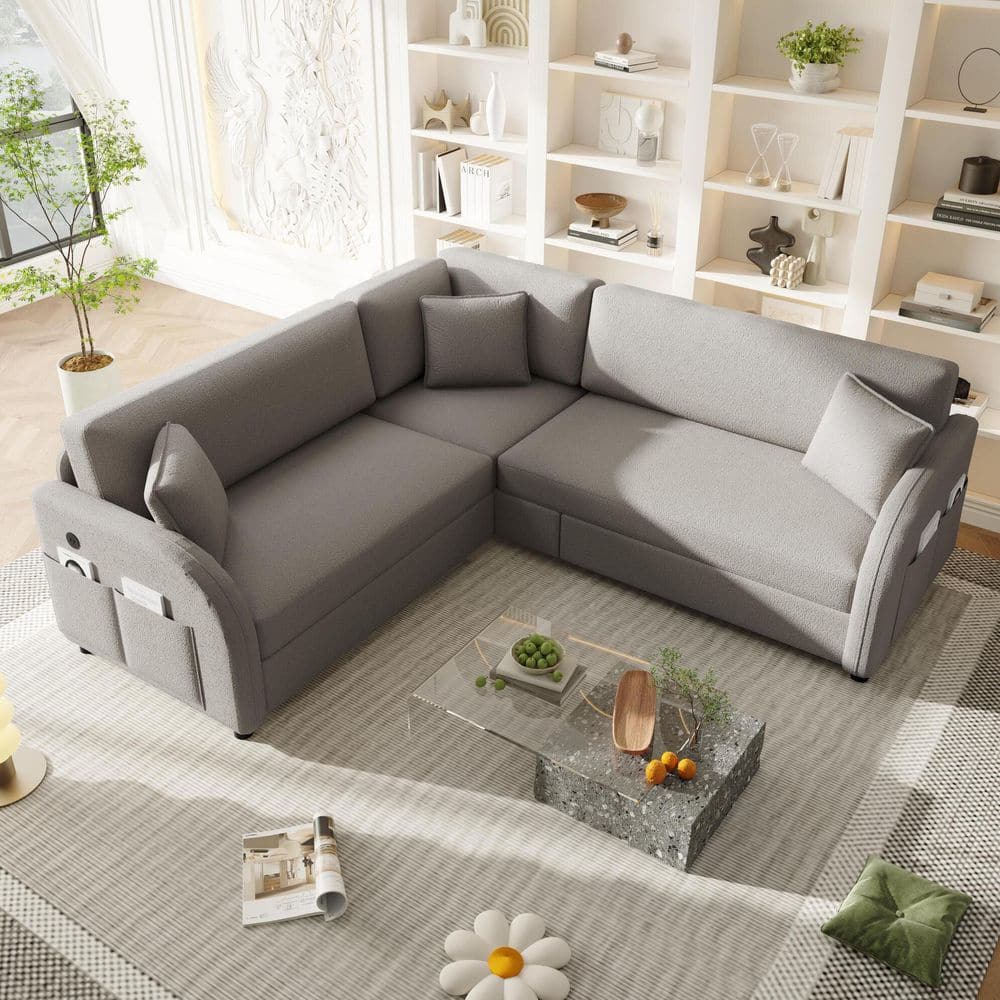 Mercy 85.1 in. Light Grey Teddy Fabric Upholstery Queen Size Sofa Bed with Pull-Out Bed, Side Pockets, USB Port