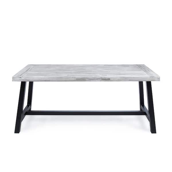 Tenleaf 71 in. Gray Acacia Wood Rectangular Outdoor Dining Table with Black Rustic Metal Finished Iron Legs