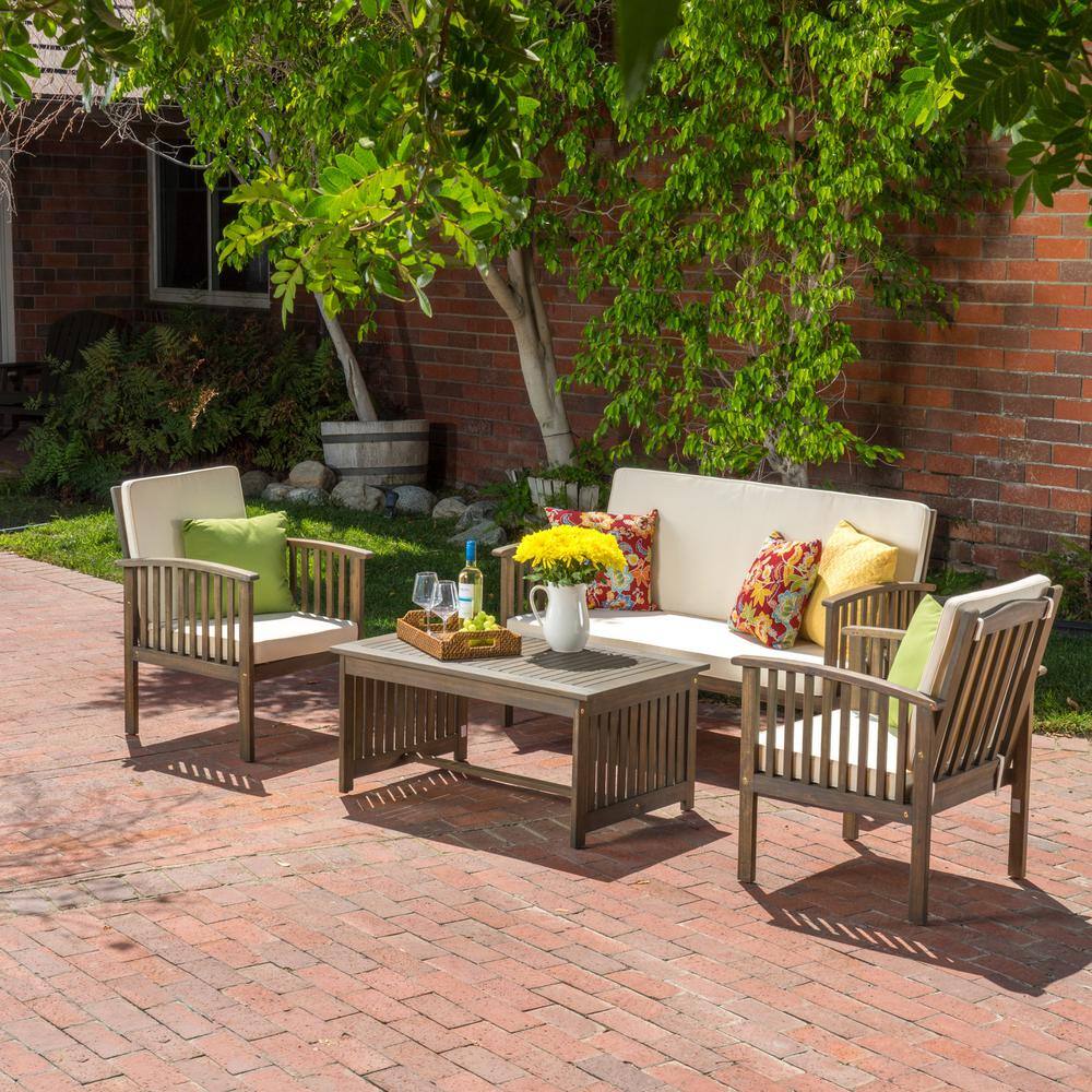 Gray 4-Piece Acacia Solid Wood Patio Conversation Set with Cushions in Beig