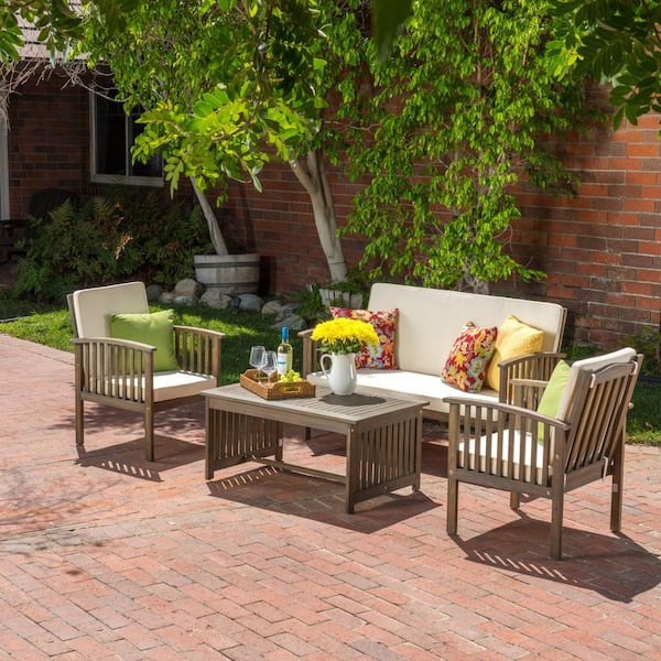 Unbranded Gray 4-Piece Acacia Solid Wood Patio Conversation Set with Cushions in Beige and Coffee Table