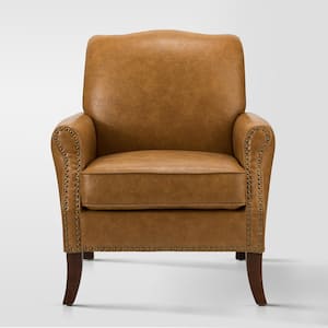 Calestin Transitional Camel Vegan Leather Nailhead Armchair with Rolled Arms and Solid Wood Legs