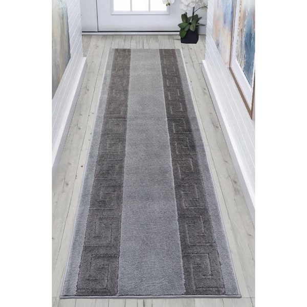 Meander Greek Key Design Cut to Size Gray and Brown 26 in. Width x Your Choice Length Stair Runner