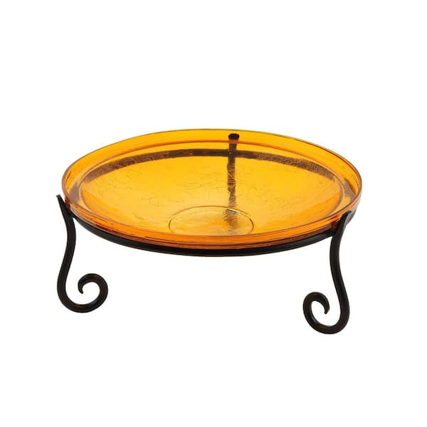Reflective Crackle Glass Birdbath Bowl With Short Stand II, 14 in. dia. Mandarin Orange