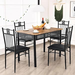 5-Piece Black Dining Set Metal Table and 4-Chairs Kitchen Breakfast Furniture