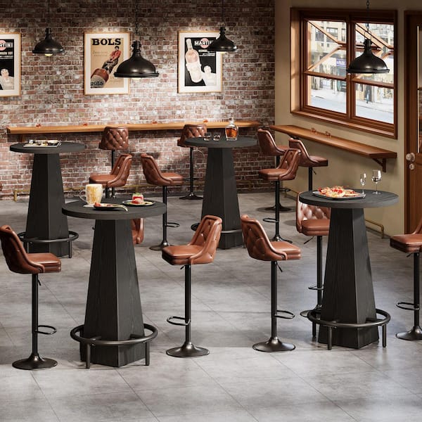 Adan 37.4 in. H Modern Black Round Bar Table Bistro Pub Table with High Top and Metal Footrest (Set of 2)