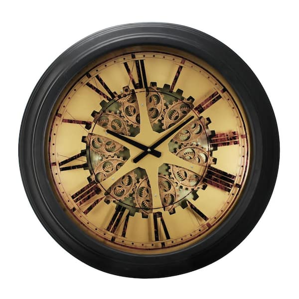 New Era Black Metal Weathered Wood Face Moving Gears Wall Clock