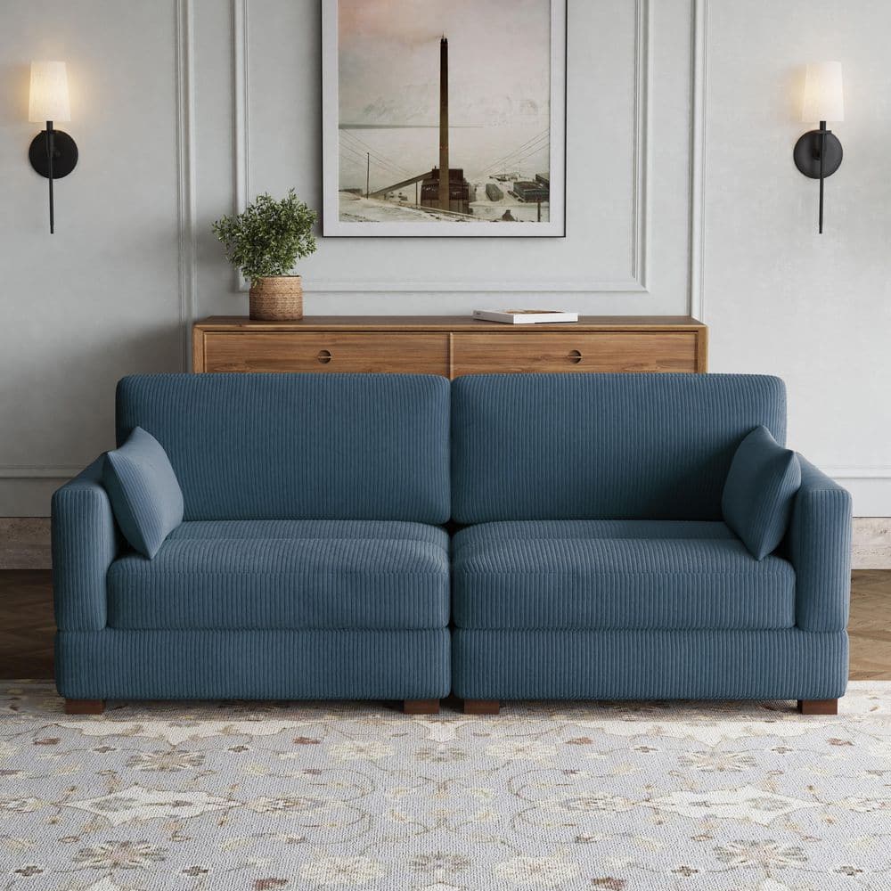 84.5 in. Modern Square Arm Corduroy Fabric Upholstered Rectangle 2-Seater Sofa in Navy Blue with 2-Pillows price history on PriceWatchPro