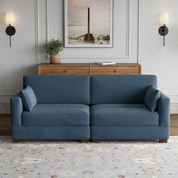 84.5 in. Modern Square Arm Corduroy Fabric Upholstered Rectangle 2-Seater Sofa in Navy Blue with 2-Pillows