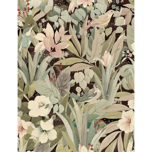 NextWall 30.75 sq. ft. Sage and Ash Brown Blossoming Birds Vinyl Peel and Stick Wallpaper Roll