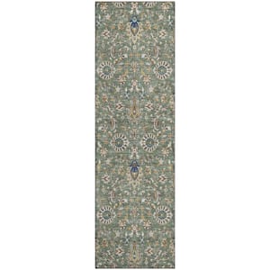 Mayfield Premium Machine Washable Abstract AMF2192 Green 2 ft. x 7 ft. Runner Rug