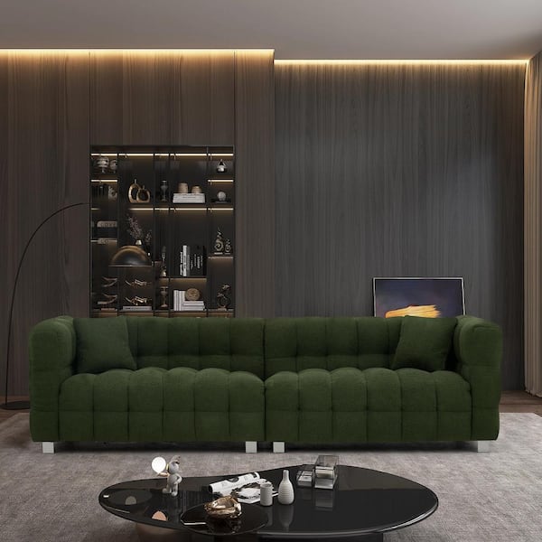 102 in. Wide Square Arm Teddy Fabric Modern Rectangle Upholstered Sofa in Green