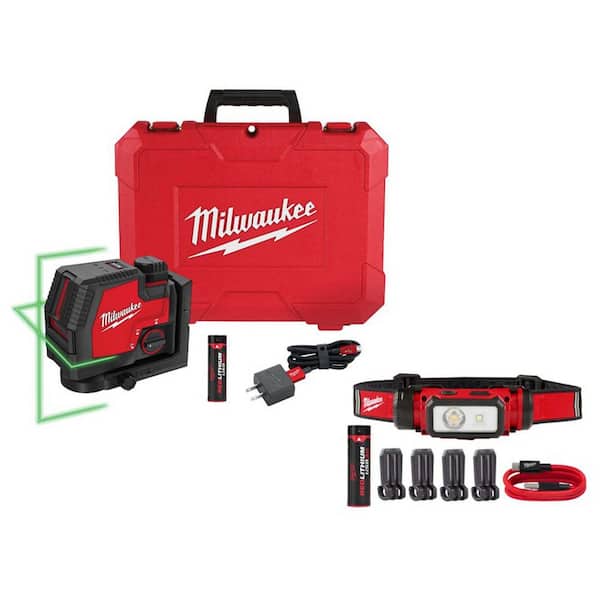 Green 100 ft. Cross Line Rechargable Laser Level with REDLITHIUM USB Battery, Charger, and 600 Lumen LED Headlamp