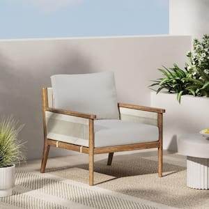 Kayden Bohemian Brushed Light Brown Solid Acacia Frame Upholstered Outdoor Lounge Chair with Gray Cushion