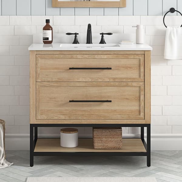Corley 36 in. Single Sink Weathered Tan Bath Vanity with White Engineered Stone Top (Assembled)