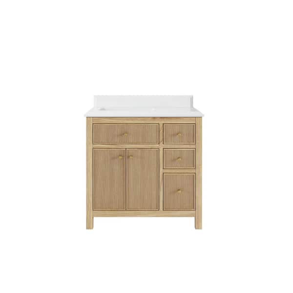 Willow Collections Sonoma Teak 36 in. W x 22 in. D x 36 in. H Left Offset Sink Bath Vanity in Light Teak with 1.5 in. White Qt. Top