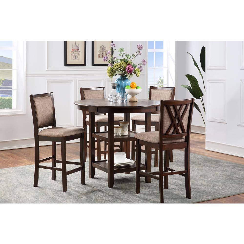 Amy Cherry Wood Counter Chair with Light Brown Fabric Seat