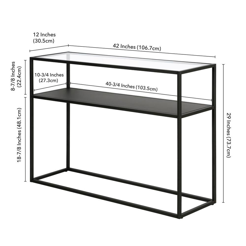 Blackened Bronze Glass Top Console Table with Metal Shelf