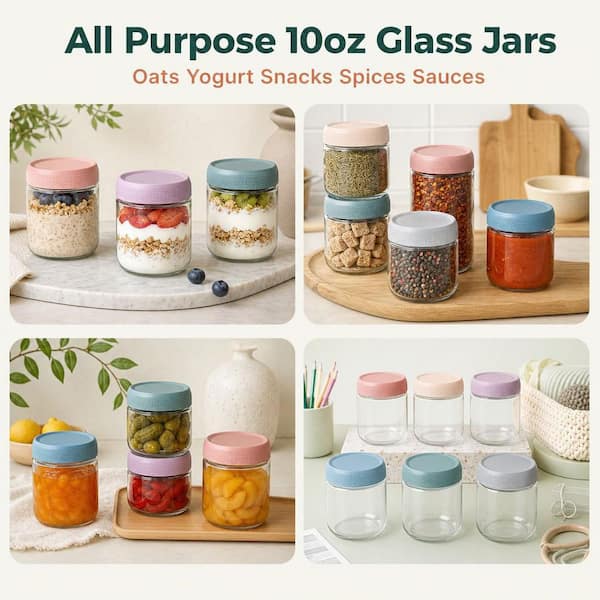 Numhew 6-Pack 10 oz. Glass Jars with Multi-Color Airtight Lids