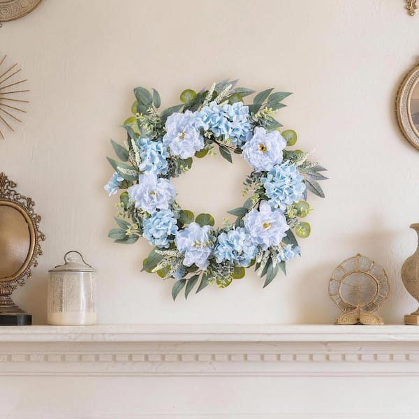 24 in. D Blue Peony & Hydrangea Artificial Floral Wreath Includes a Complimentary Black Metal Wreath Hanger