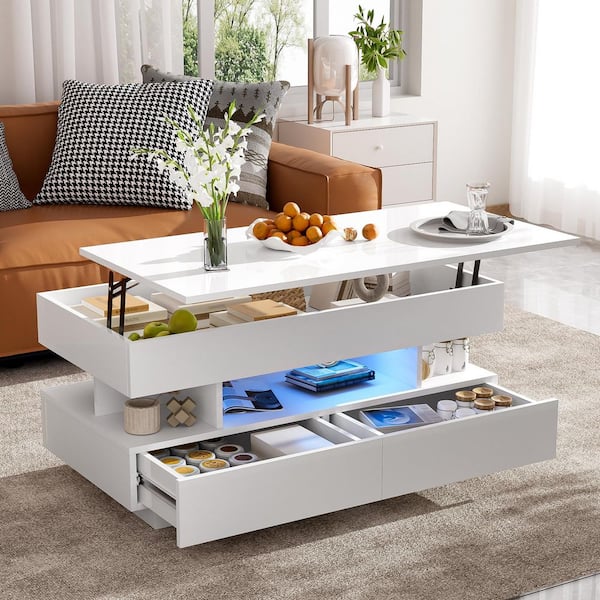 High-Gloss 39.3 in. White Rectangle MDF Lift-Top Coffee Table with 2 Drawers, Storage Compartments