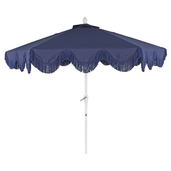 Collins 9 ft. Classic Cottage Fringe Tassel Market Patio Umbrella in Navy/Blue, White Pole