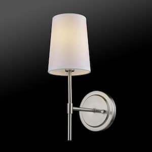 Clarissa 1-Light Brushed Nickel Wall Sconce with White Fabric Shade