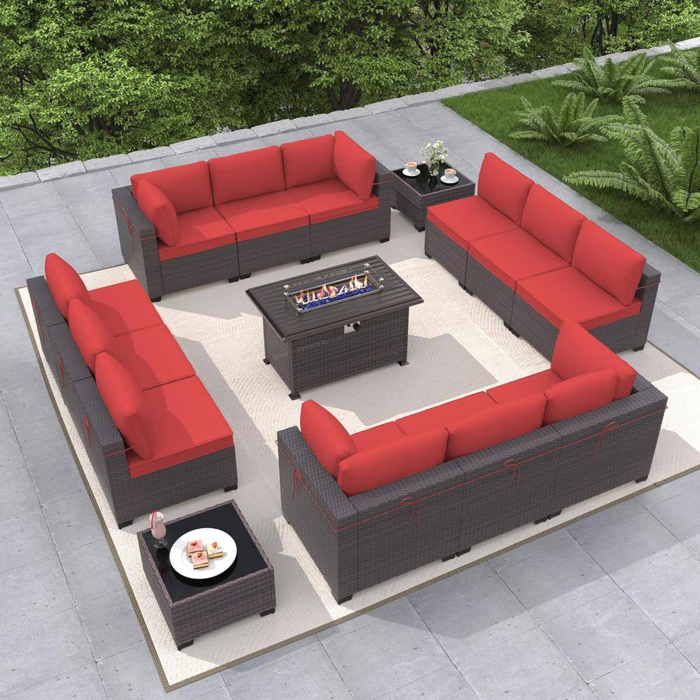 15 Pieces Wicker Patio Conversation Set with Glass Coffee Table, Fire Pit T