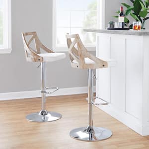 Charlotte 32.5 in. Cream Fabric White Wash Wood, Chrome Metal Adjustable Bar Stool Round Rectangle Footrest (Set of 2)