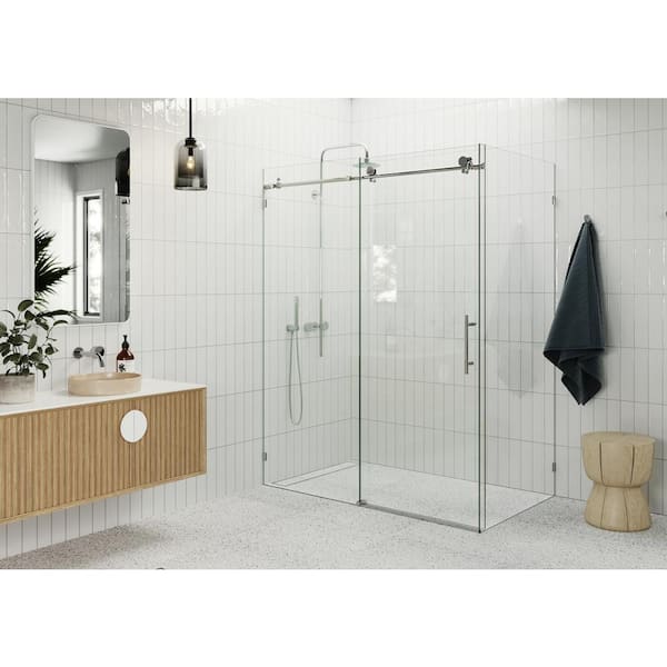 Glass Warehouse 64 in. W x 78 in. H Rectangular Sliding Frameless Corner Shower Enclosure in Chrome with Clear Glass
