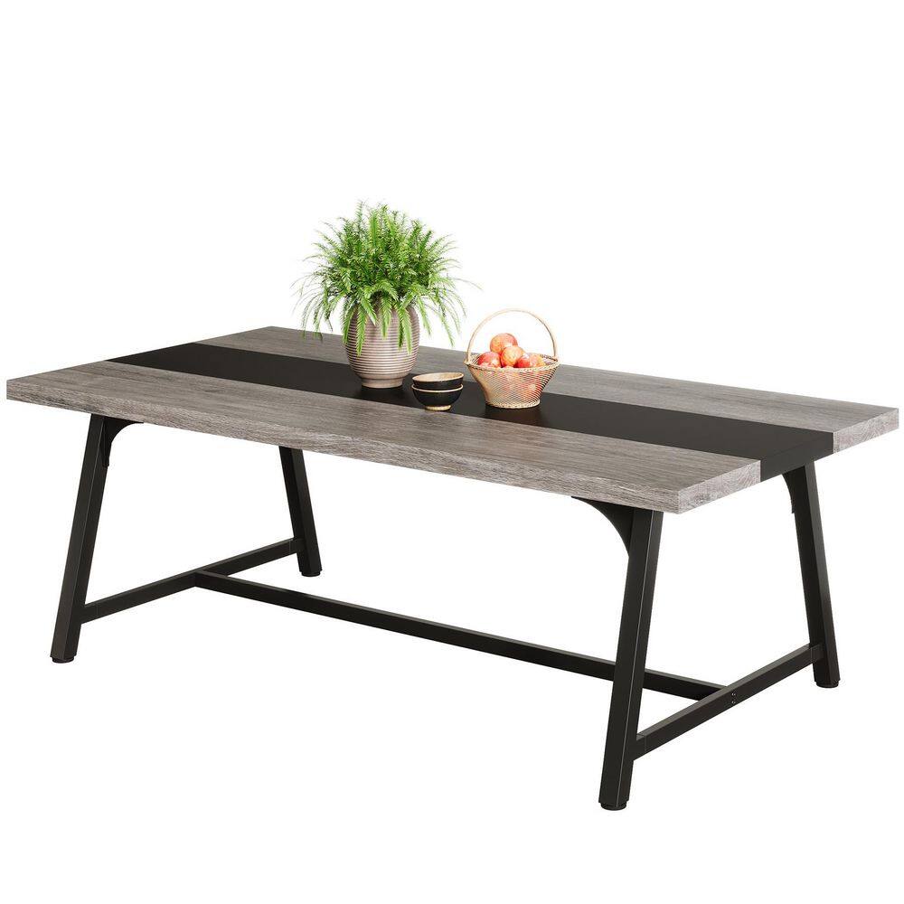 Roesler Farmhouse Grey & Black Wood 70.87 in. Rectangular Metal Double Pedestal Dining Table Seats 6 price history on PriceWatchPro
