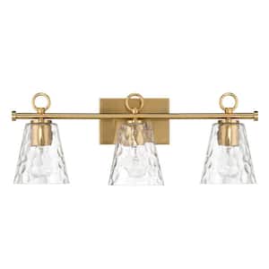 24 in. Imogen 3-Light Brushed Gold Metal Vanity Light with Hammered Water Glass