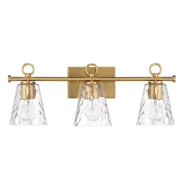 Robert Stevenson Lighting 24 in. Imogen 3-Light Brushed Gold Metal Vanity Light with Hammered Water Glass