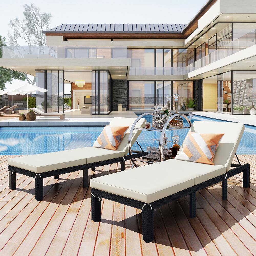 Black 2-Piece Wicker Outdoor Chaise Lounge with Beige Cushion