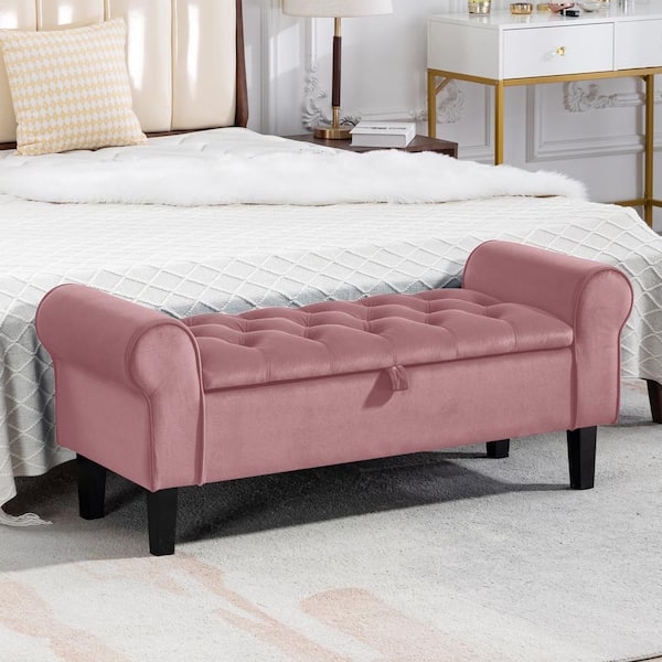 JEAREY 48.43 in. W x 17.72 in. D x 19.29 in. H Pink Tufted Brushed Velvet Armed Storage Bedroom Bench with Rubberwood Legs