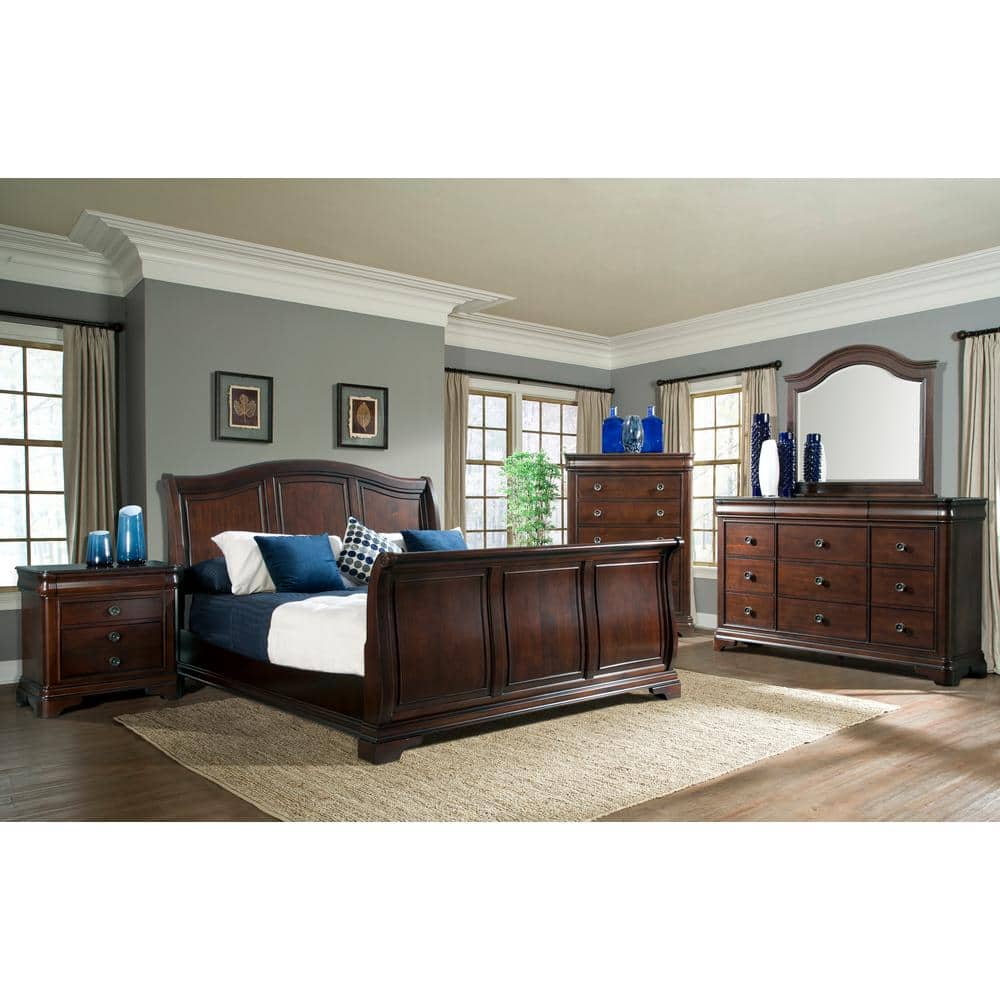 Elegant Conley 65'' Cherry Finish Dresser with Arched Mirror and Felt-Lined Drawers