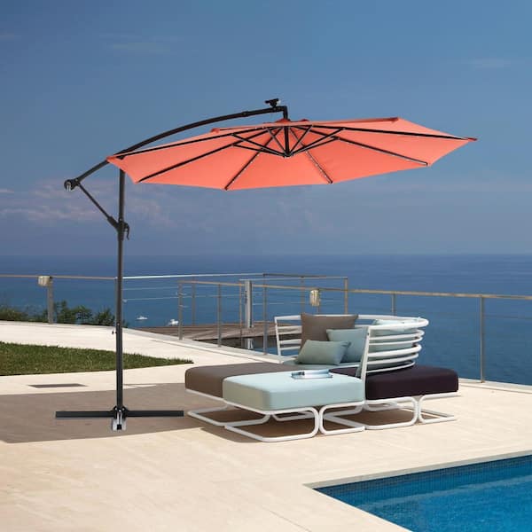 burnt orange patio umbrella with solar lights HOMEFUN 10 ft. Solar LED Patio Outdoor Umbrella Hanging Cantilever Umbrella with Adustmentable 40 Lights in Orange