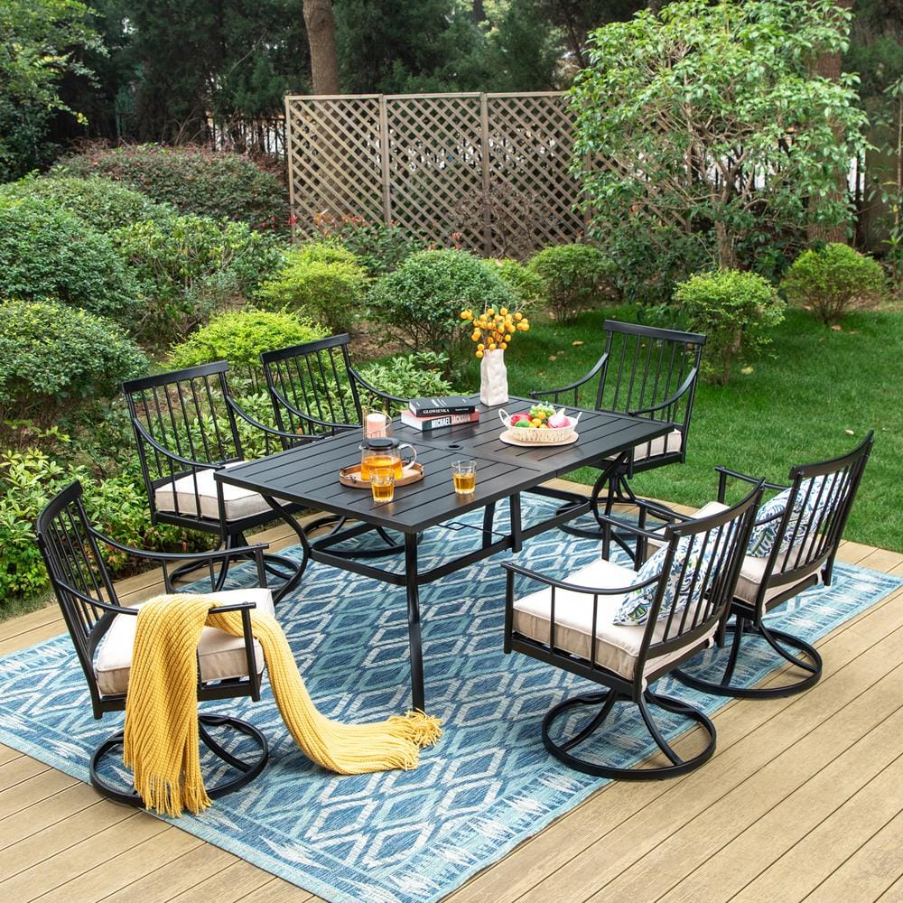 PHI VILLA 7-Piece Metal Patio Outdoor Dining Set with Slat Table and ...