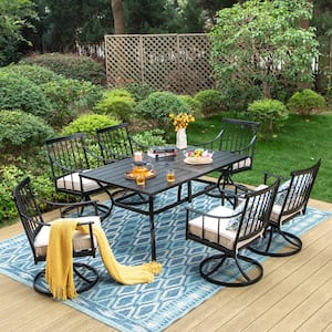 7-Piece Metal Patio Outdoor Dining Set with Slat Table and Swivel Stylish Arm Chairs with Beige Cushion