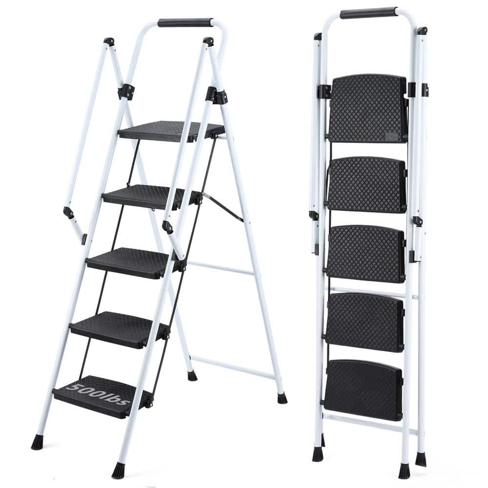 Lightweight Step Stool, 5-Step Steel Portable Folding Step Ladder with Wide